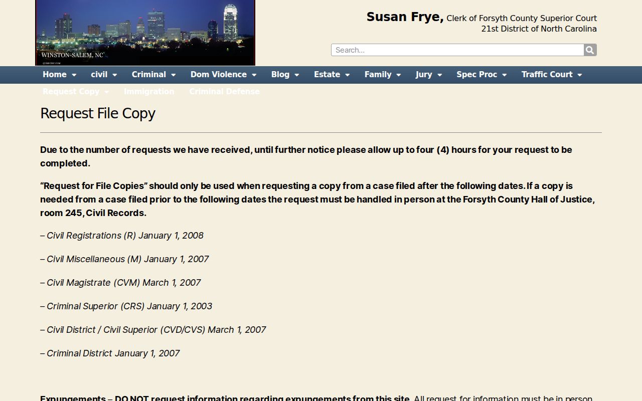 Forsyth County resident lookup view of the civil file request source