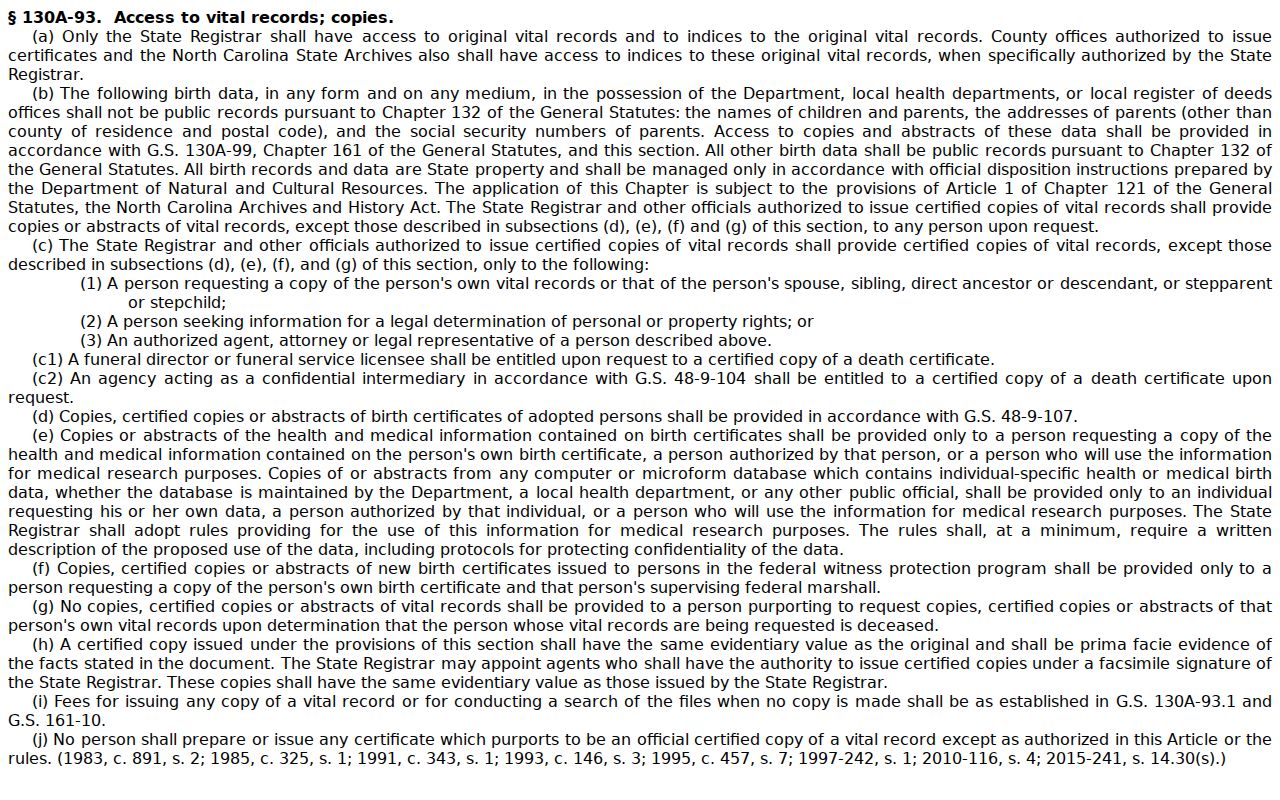 Forsyth County resident lookup image of the North Carolina vital record access statute
